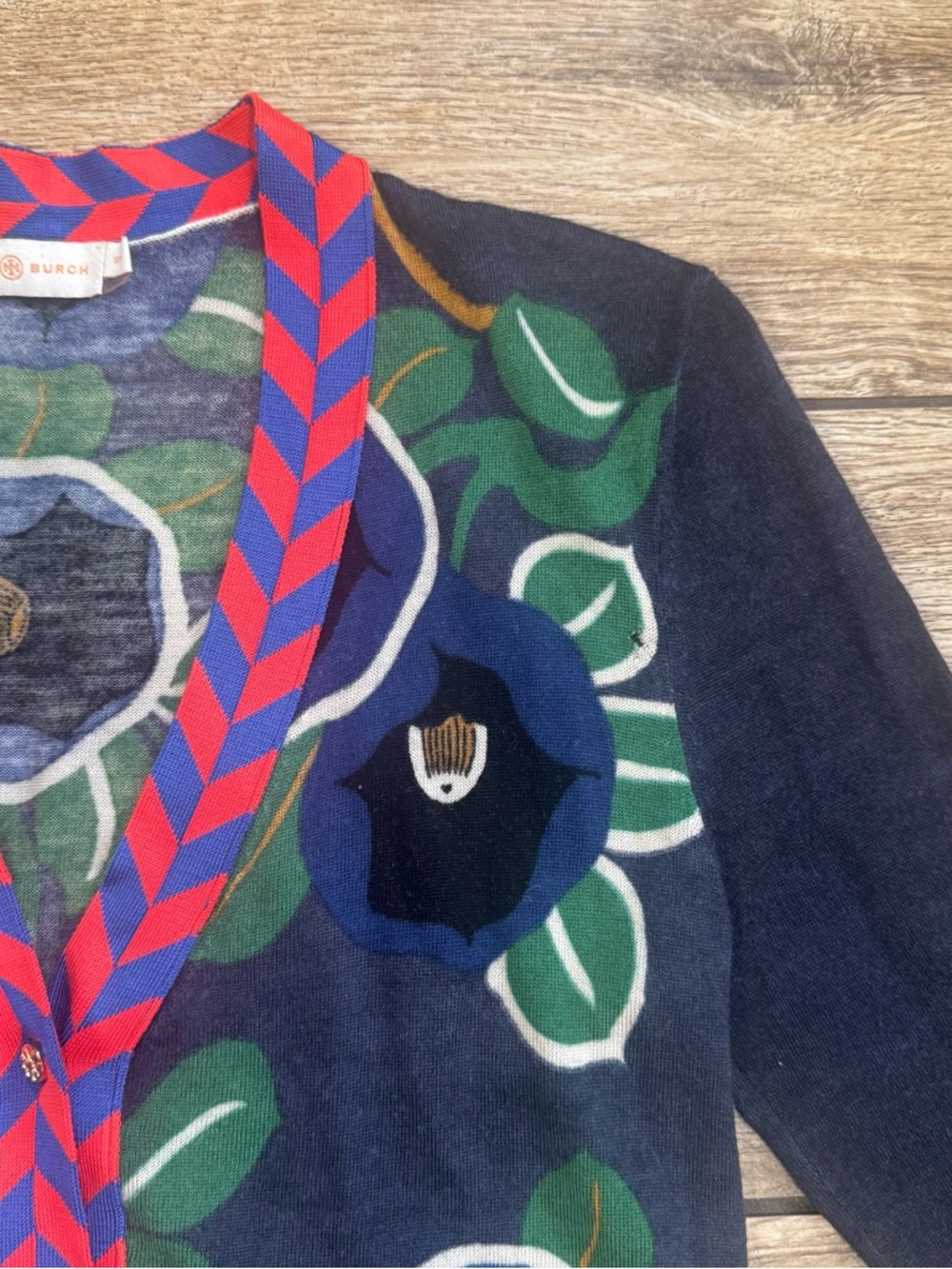 Tory Burch Thea Floral Modal Cotton Cardigan Size Medium Chervon - Picture 8 of 13